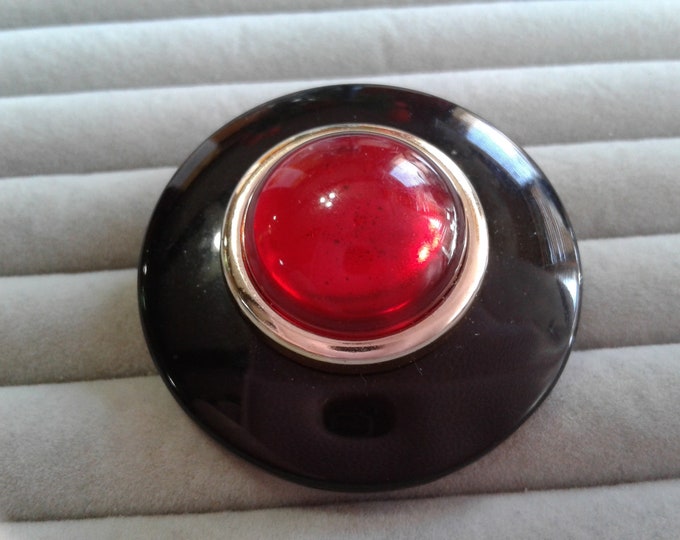 Black and Clear Red with Goldtone Post Modern Circle Brooch in Acrylic