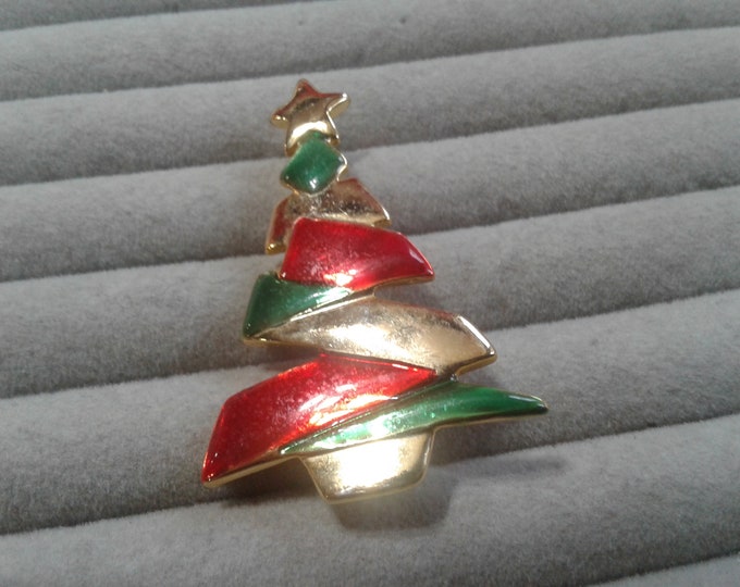 Danecraft Abstract Red and Green Enamel Christmas Tree, Goldtone, Signed