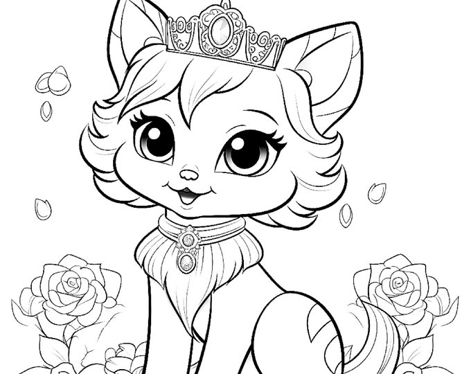 Five Kitten Princess Coloring Sheets for Instant Download