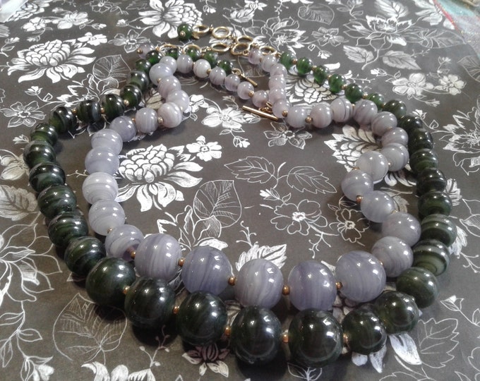 Monet Glass Bead and Goldtone Graduated Beaded Strand, Signed Hangtag, Toggle Clasp, Available in Lavender and Dark Green