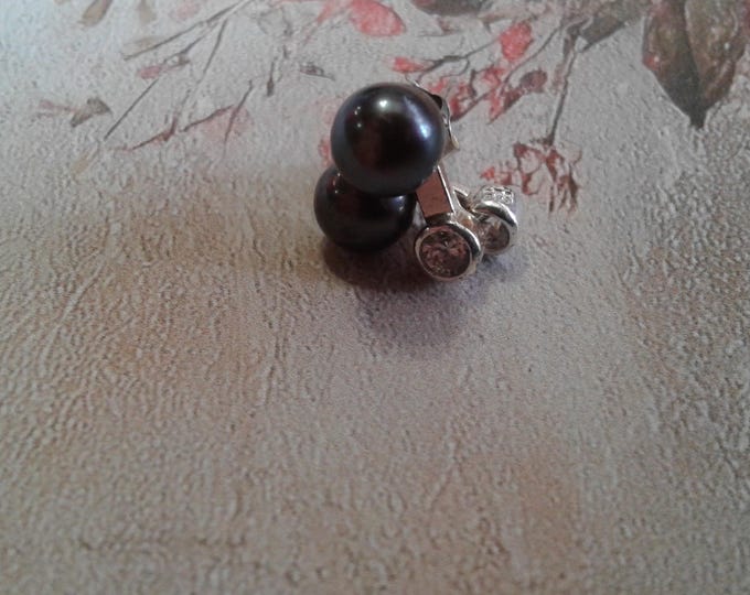 Sterling Silver, Black Peacock Pearl, and Cubic Zirconia Small Bar Post Back Earrings, 925