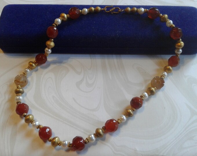 Floral and Rocaille Carved Agate and Freshwater Pearl Beaded Necklace with Goldtone Accents