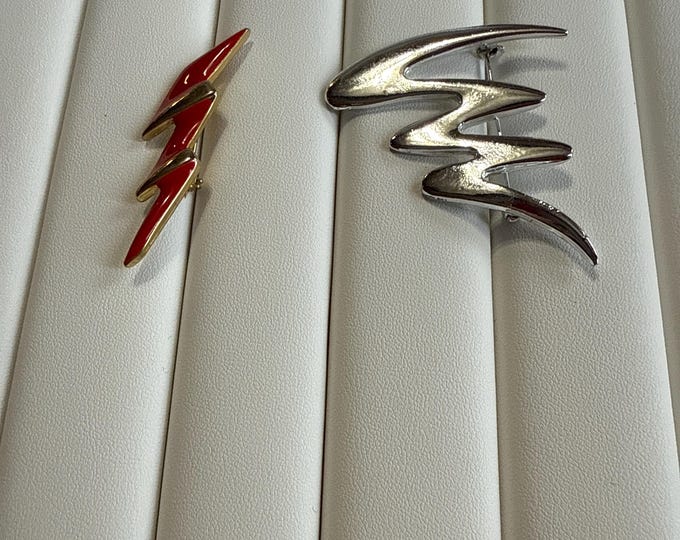 Two vintage postmodern brooches, your choice, red enamel gold tone, lightning bolt, Silvertone squiggle