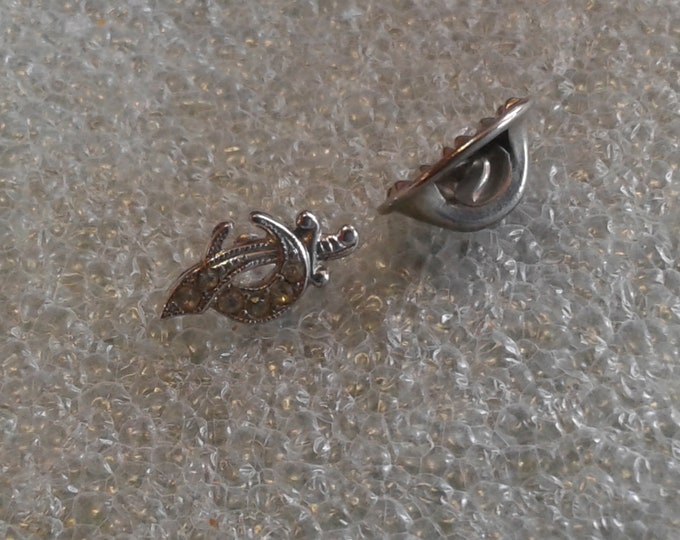 Shriners Sterling Silver and Rhinestone Scimitar and Crescent Tie Tack, Marked Sterling, Replacement Back, Also One in Base Metal