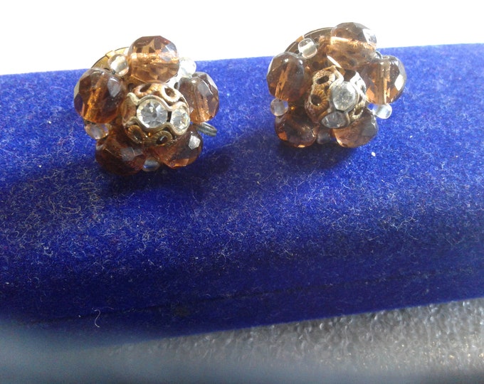 Brown Crystal, Bronzetone Metal, and Rhinestone Beaded Floral Cluster Screwback Earrings, Marked Made in Western Germany