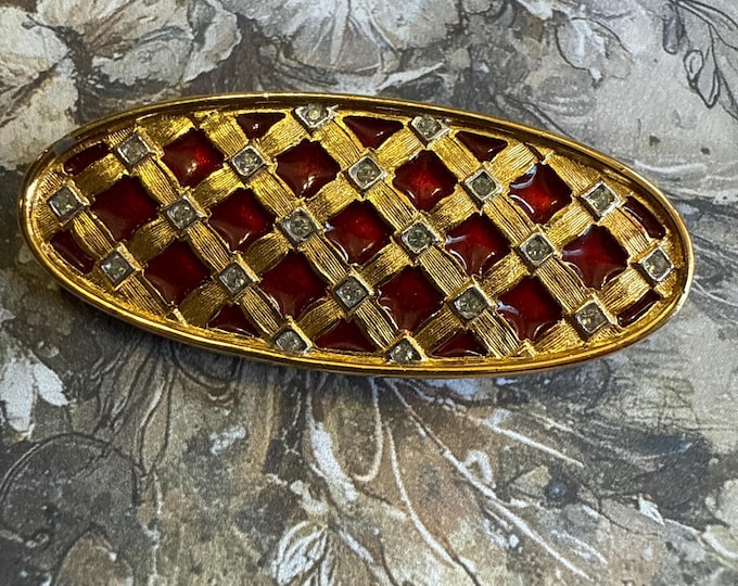 Givenchy 1980 Oval Lattice Goldtone, Rhinestone, Red Enamel Brooch, Signed and Dated