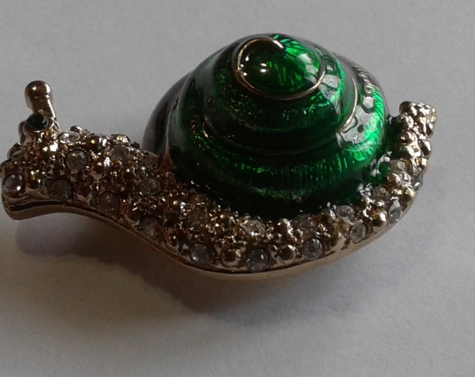Whimsical Snail Brooch in Goldtone, Rhinestone, and Green Enamel