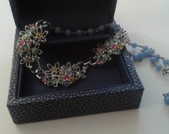 Beautiful MidCentury Multi Color Pastel Rhinestone Fruit Salad Floral Silvertone and Blue Glass Bead Chain Adjustable Necklace