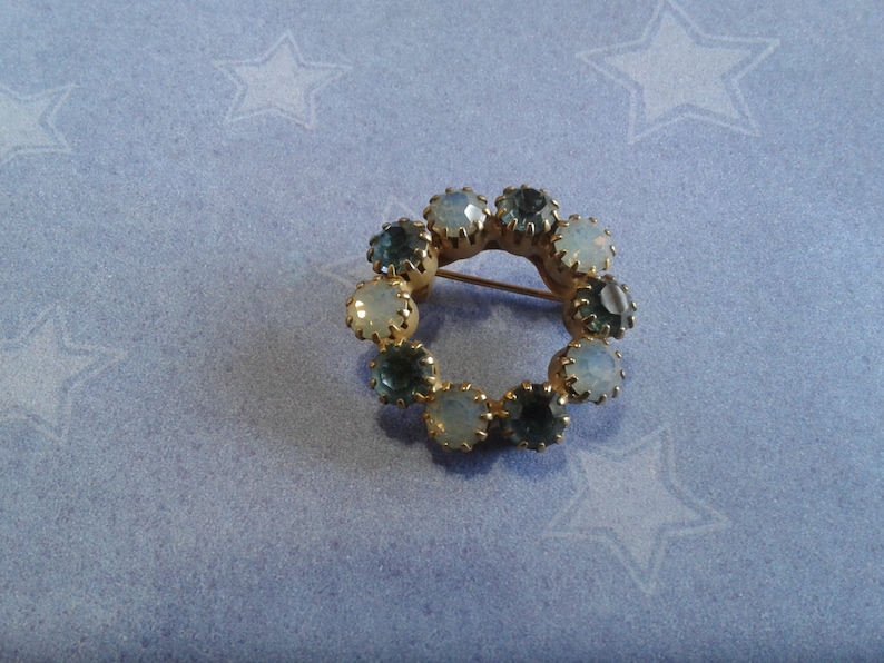 Blue and Opal Glass Rhinestone Small Midcentury Circle Brooch