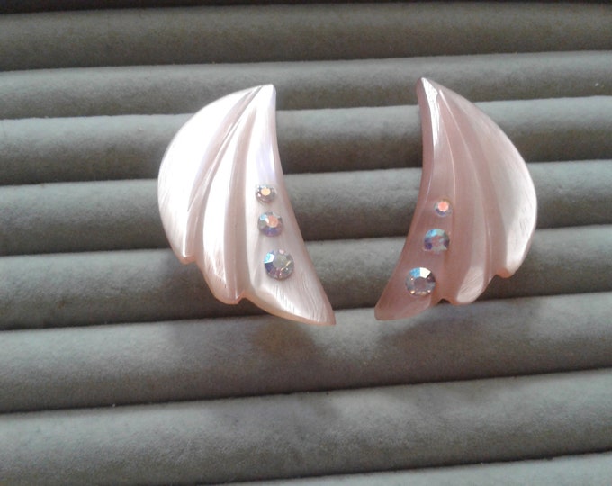 Blush Pink Moonglow Lucite and AB Rhinestone Wing Shaped Clip on Earrings