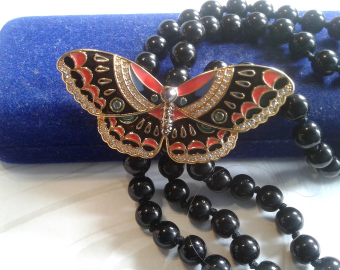 Metropolitan Museum of Art Cloisonne and Rhinestone Butterfly, Hand Knotted Onyx, Triple Strand Statement Necklace, Signed MMA CN