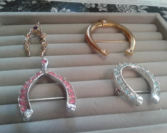 Loads of Luck, Lot of Four Rhinestone Embellished Horseshoe and Wishbone Lucky Brooches