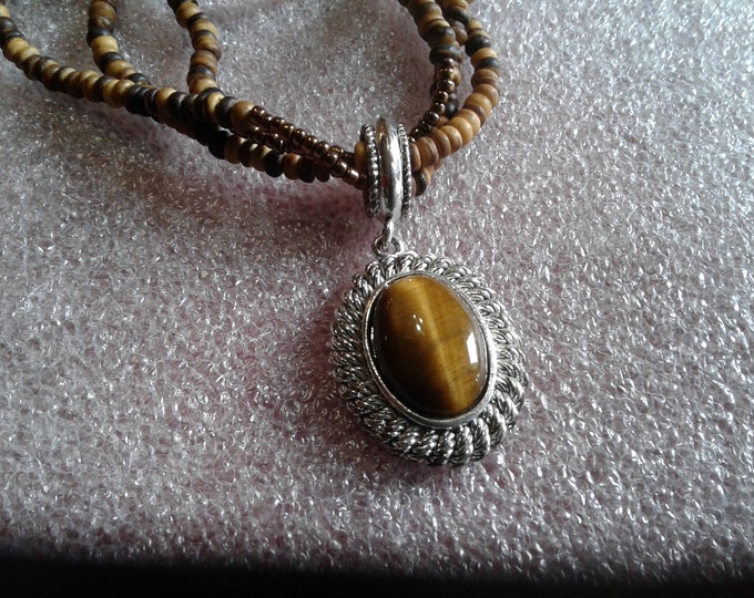 Avon Tiger's Eye, Wood, Seed Bead, and Silvertone Pendant Choker Necklace, Signed or Coordinating Earrings, Sold Separately