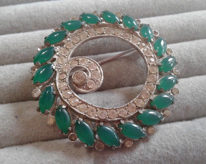 Vividly Green Peking Glass and Rhinestone Art Deco Brooch, Missing Stones
