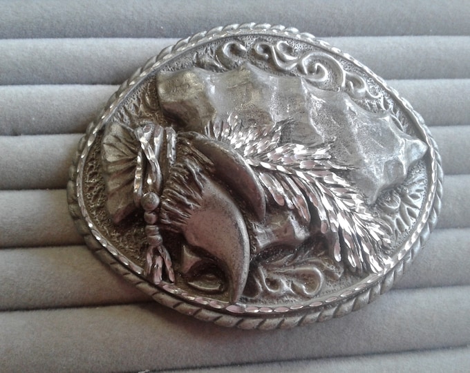 Ege '93 Pewter High Relief Arrowhead, Claw, and Feather Design Belt Buckle, Signed and Dated, Made in USA