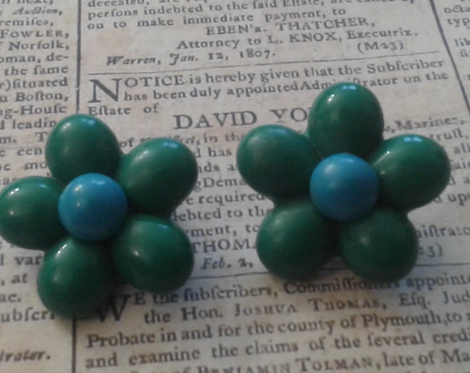 Blue and Green Lucite Simple Pop Art Floral Clip On Earrings