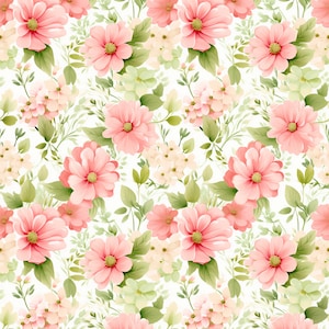 May include: A seamless pattern featuring pink flowers with green leaves on a white background. The flowers are arranged in a random pattern and are of varying sizes. The leaves are also of varying sizes and are arranged in a random pattern.