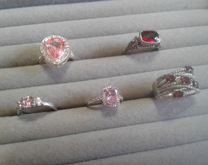 Silvertone Pink and Red Crystal and Cubic Zirconia Simulated Gemstone Statement Rings, Your Choice