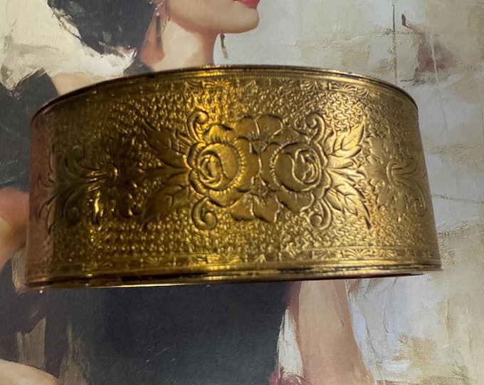 Victoria Engraved Bangle Cuff with Safety Chain and Latch Clasp, Unmarked