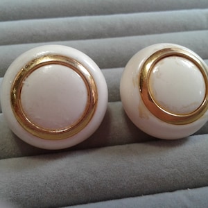 Crown Trifari Ivory Plastic and Goldtone Chunky Domed Clip On Earrings, Signed