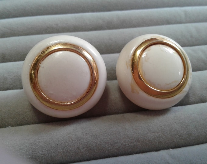 Crown Trifari Ivory Plastic and Goldtone Chunky Domed Clip On Earrings, Signed