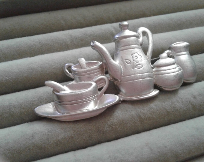 JJ Silvertone Teapot Tea Set Brooch, Signed