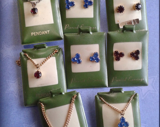 Deadstock Crystal And Goldtone Earrings and Pendants on Original Avocado Green Stock Cards
