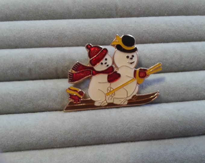 Centennia 1980 Soft Enamel Cloisonne Two Snowmen on Skis with a Little Bird Pin