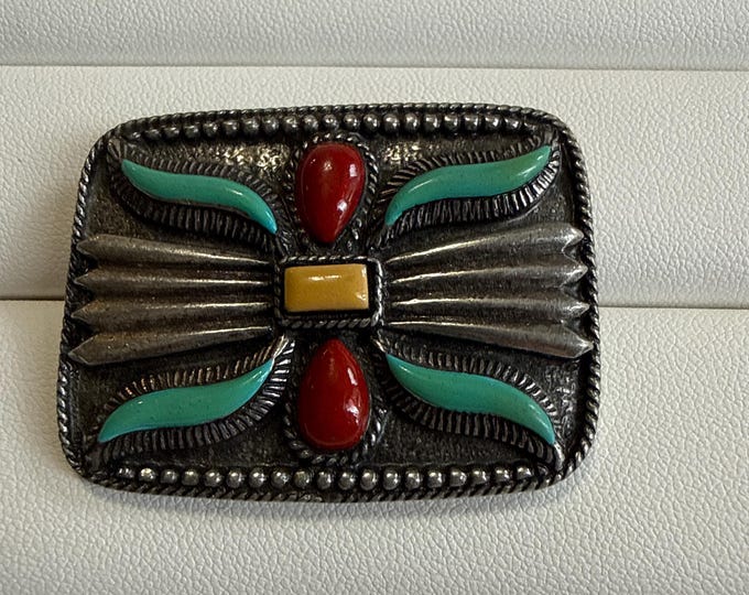 Ben-Amun rectangular south western metal and enamel brooch, signed