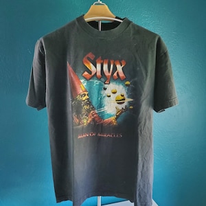 STYX &#39;00s Man Of Miracles Tour Tee Size M - Double Sided w/ Cities - Vintage Black T-shirt - Free Shipping