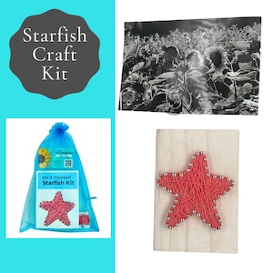 May include: A craft kit with the text "Starfish Craft Kit" and a "Do it Yourself Starfish Kit" in a blue mesh bag. Also, a red string art starfish on a wooden board and a black and white photo.
