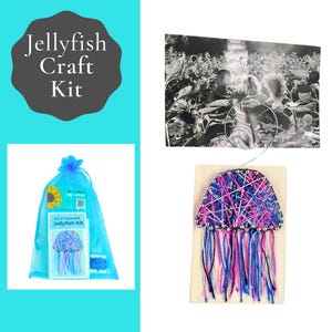 May include: A jellyfish craft kit with the text "Jellyfish Craft Kit" in a dark gray shape. The kit includes a blue bag with a sunflower and the words "Do It Yourself Jellyfish Kit". A finished jellyfish art piece is also shown.