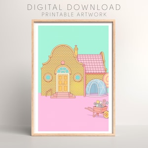 Może przedstawiać: Oprawiona cyfrowa ilustracja fantazyjnego budynku z różowym dachem i żółtą ceglaną fasadą. Przed budynkiem znajduje się niebieska kopuła i taczka z kwiatami. Zawiera tekst "DIGITAL DOWNLOAD PRINTABLE ARTWORK".