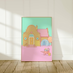 May include: A framed art print featuring a whimsical illustration of a building with a yellow brick facade, pink roof, and a lollipop. A wheelbarrow filled with flowers is in front of the building. The background is a mix of pink and teal.