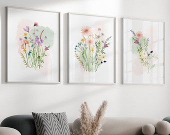Set of 3 floral flower prints, wildflower wall art prints, for living room, bedroom, bathroom, dining room, flower wall hangings