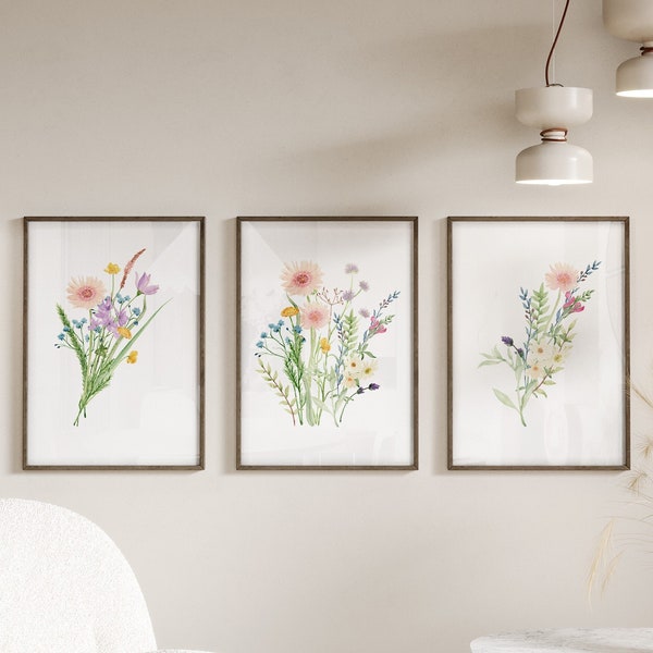 Set of 3 floral flower prints, wildflower wall art prints, for living room, bedroom, bathroom, dining room, flower wall hangings