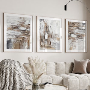 Set of 3 Abstract Wall Art Prints in Neutral Colours, Brown, White and Grey Prints for Living Room, Bedroom, Dining Room, Office Art Prints