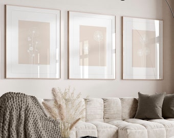 Minimalist Wall Art Prints with Dandelions for Living Room, Bedroom, Dining Room Office Art, Wall Decor, Beige Neutral, Set of 3 Wall Art