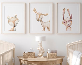 Set of 3 Watercolour Animal Prints for Girls Nursery | Girls Nursery Wall Art with Fox, Deer and Rabbit | Neutral Coloured Nursery Decor