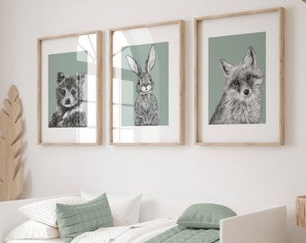 Sage Green Nursery Wall Art Prints with Rabbit, Bear & Fox, Set of 3 Woodland Animal Prints for Children's Bedroom, Animal Wall Decor Kids