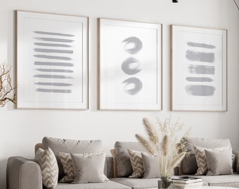 Set of 3 Grey Abstract Wall Art Prints in Minimal Style for Living Room, Bedroom, Dining Room Office Art, Minimalist Brush Strokes Art