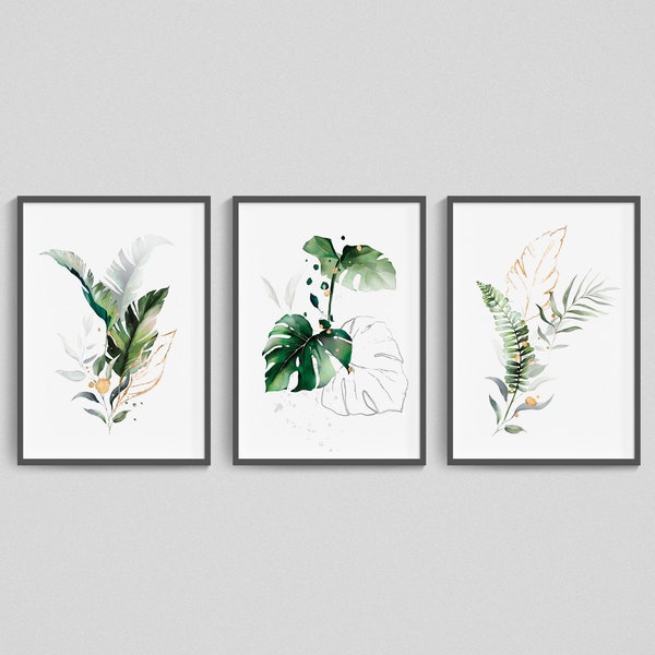 Fern Leaf Palm Botanical Print Set of 3, Monstera Wall Art, Green Leafy Home Decor, Botanical Art Prints