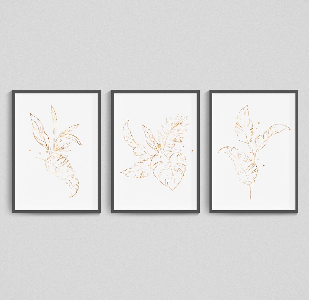 Monstera Wall Art Botanical Minimalist, Fern Leaf Palm, Gold Leafy Home