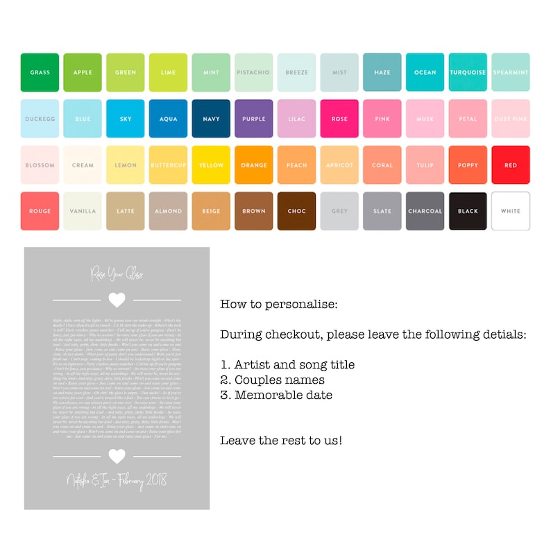May include: A printable digital download of a song lyric print with a heart and the text "Rise Your Glass" at the top. The text at the bottom says "Nick & Tom - February 2018". The image also includes instructions on how to personalize the print with the artist and song title, couples names, and a memorable date.