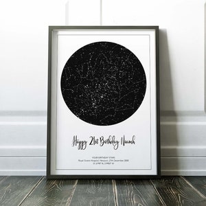 May include: A black and white star map print with the text "Happy 21st Birthday Niamh" and "Your Birthday Stars Royal Gwent Hospital, Newport, 27th December 2000 51.5798° N 2.9982° W".