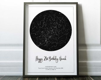 Night Sky Print, Personalised Birthday Gift, The Stars The Day You Were Born, Bespoke, Custom Star Map