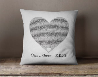 Personalised Song Lyrics Cushion Heart Wedding Anniversary Gift, Throw Pillow, Any Song