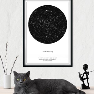 May include: A black and white star map print with the text "Mr & Mrs King" and "THE STARS ABOVE OUR WEDDING NIGHT Kenwick Park - Louth - 21st October 2011 53.3439N/00194E".