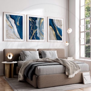 Blue Abstract Wall Art, Set of 3 Prints, Set of 3 Blue Prints, Brush Stroke Art, Bedroom Wall Art, Living Room, Office, Navy, Gold, Abstract
