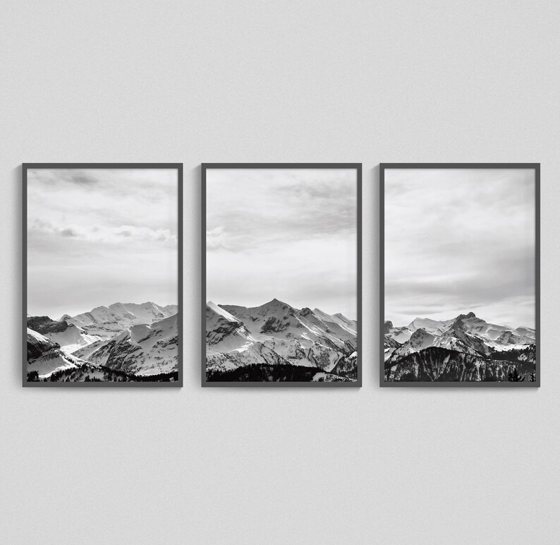Mountains Wall Art Print Set of 3 Black and White Bedroom | Etsy